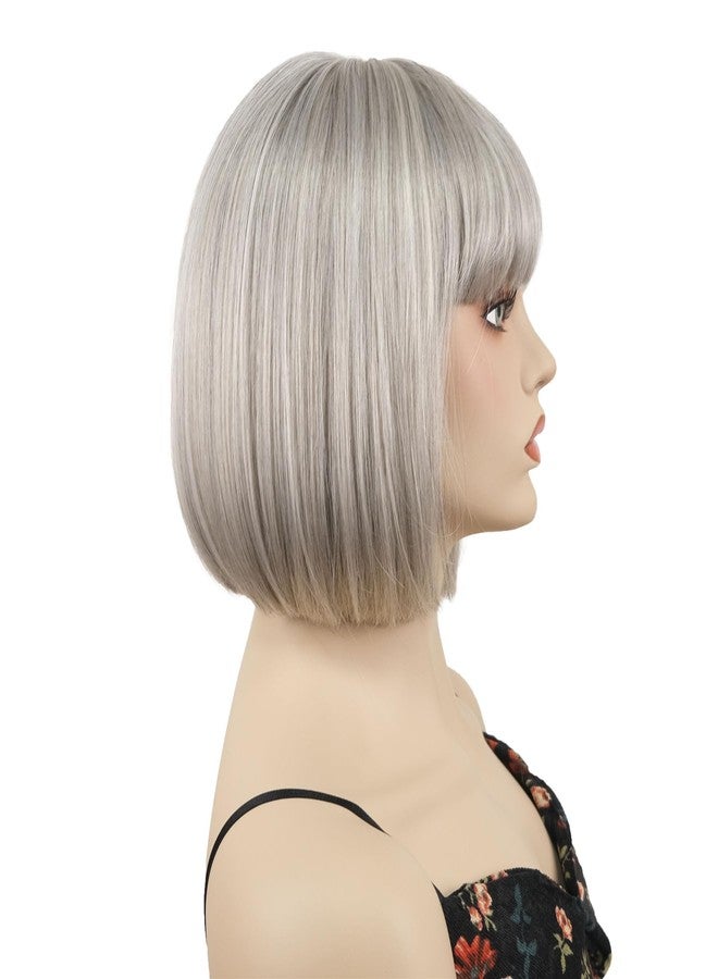 Aimole Short Straight Bob Wig Cute Flat Bangs Synthetic Women Wigs (51 Silver Grey) - Image 4